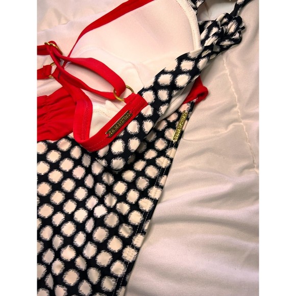 Swim Systems Bikini Set Black Red White Adjustable Strap Tie Back Size S-M - Picture 6 of 11